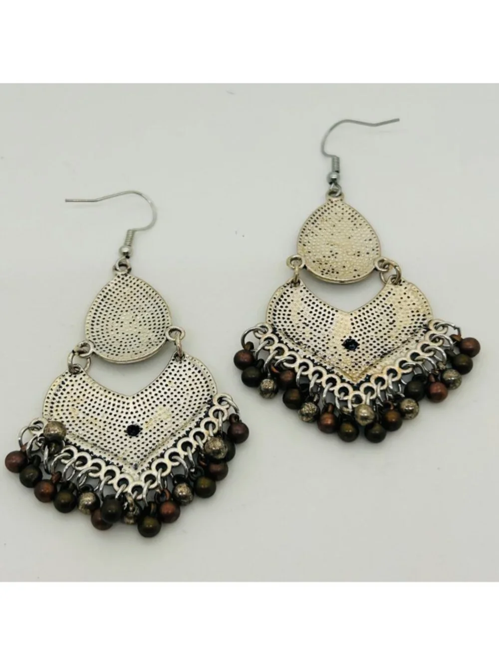 Boho Silver Chandelier Earrings Dangle Fringe Ethnic Beaded Statement Gypsy Drop